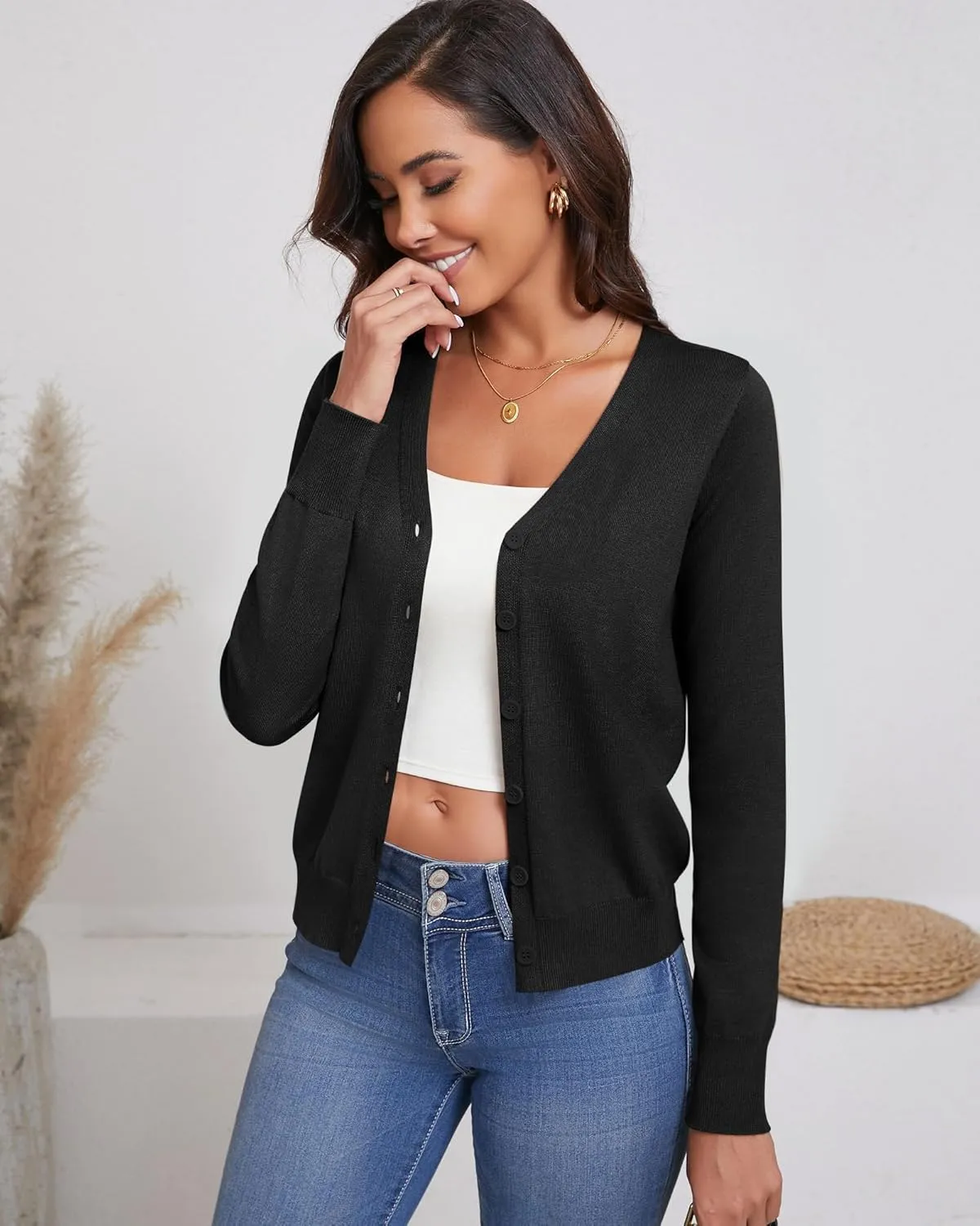 Ficerd 3 Pack Women's Cardigan Sweater V Neck Knit Lightweight Cardigans Long Sleeve Button Casual Tops