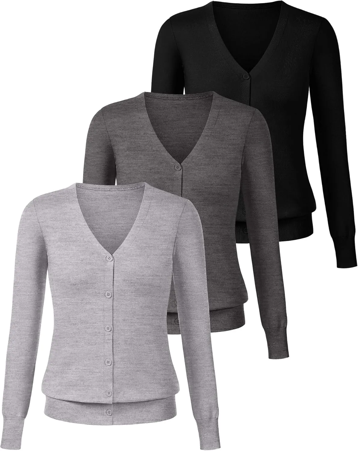 Ficerd 3 Pack Women's Cardigan Sweater V Neck Knit Lightweight Cardigans Long Sleeve Button Casual Tops