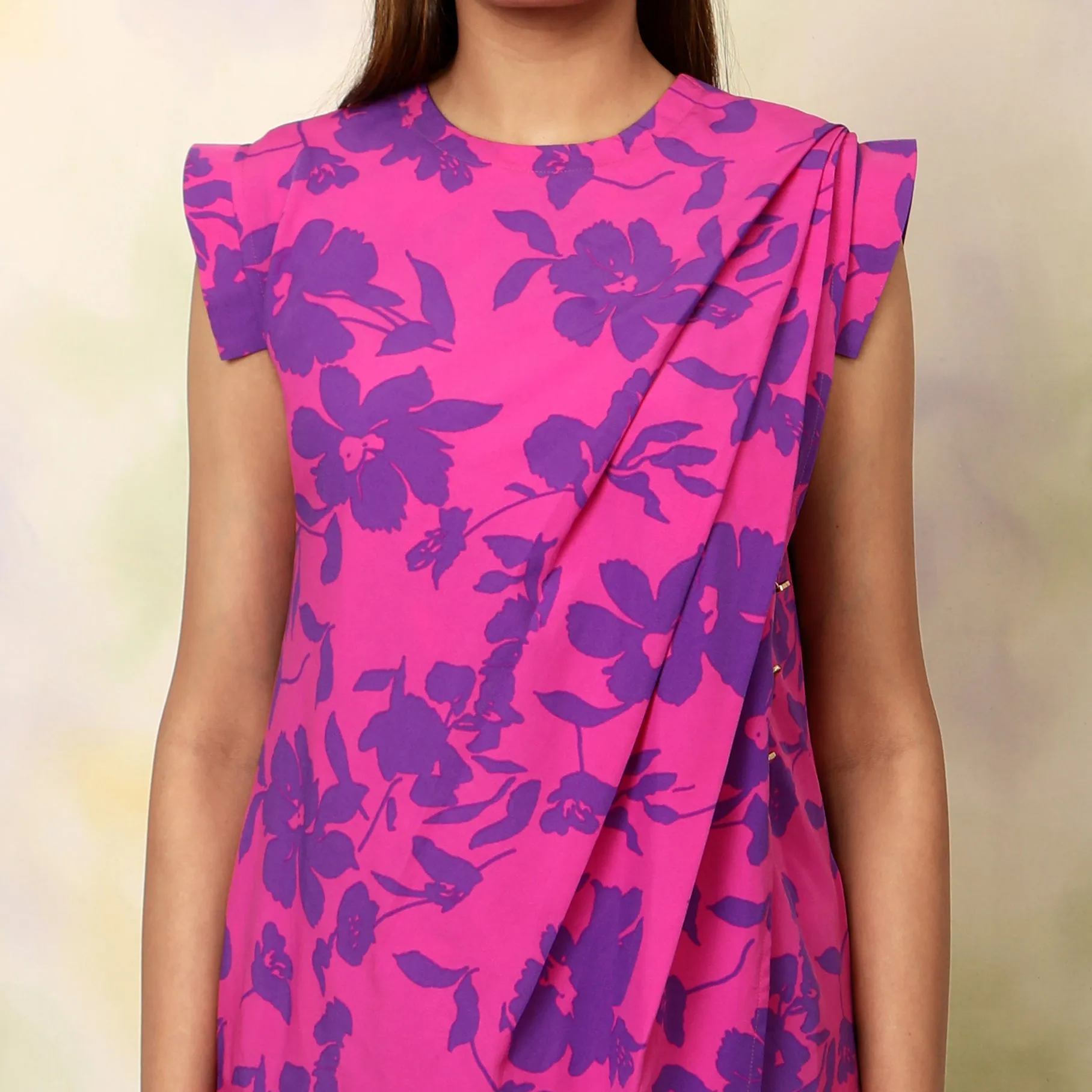 Floral Asymmetric Pleated Top