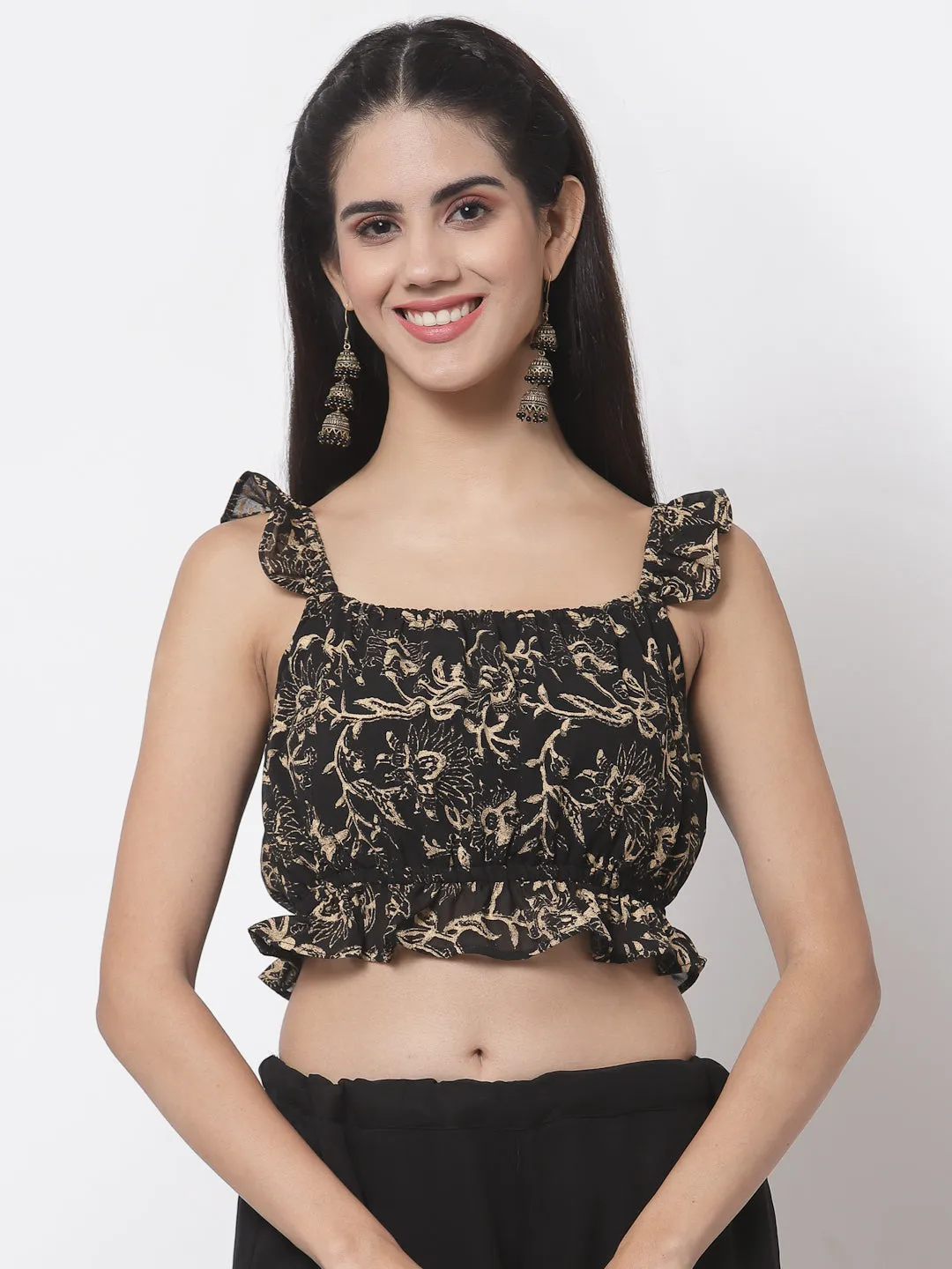 Georgette Hand Block Printed Ruffle Crop Top