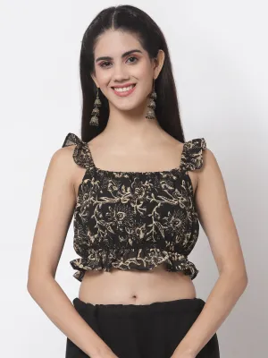 Georgette Hand Block Printed Ruffle Crop Top