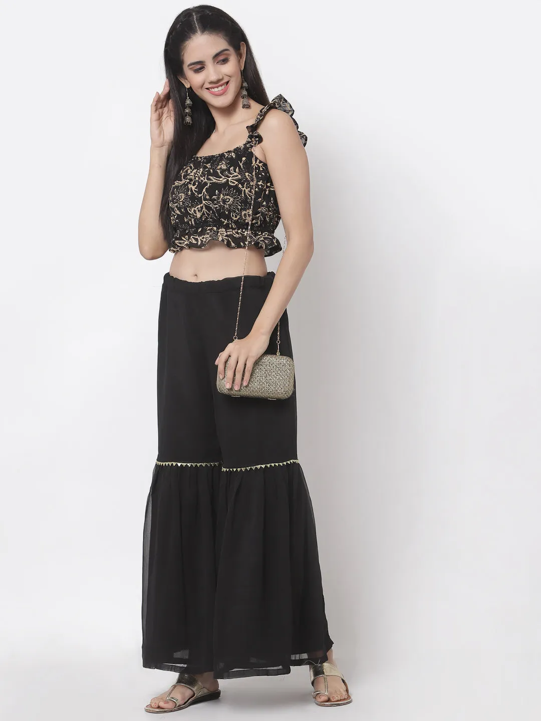 Georgette Hand Block Printed Ruffle Crop Top