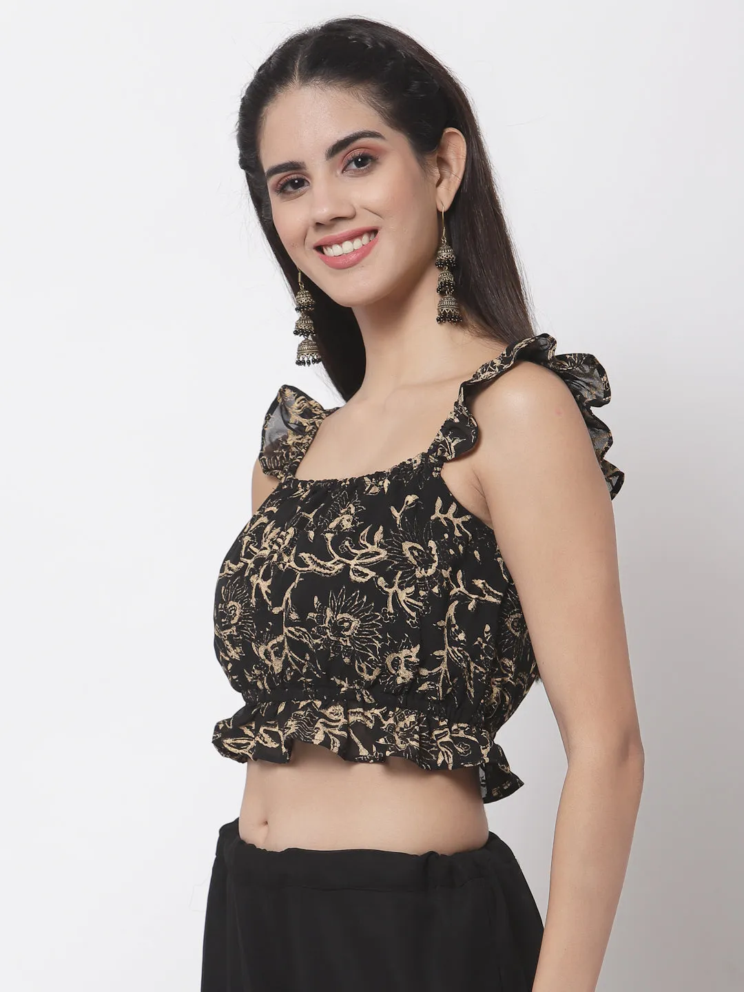 Georgette Hand Block Printed Ruffle Crop Top
