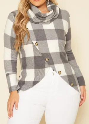 Hi Curvy Plus Size Women Plaid Print Funnel Neck Sweater