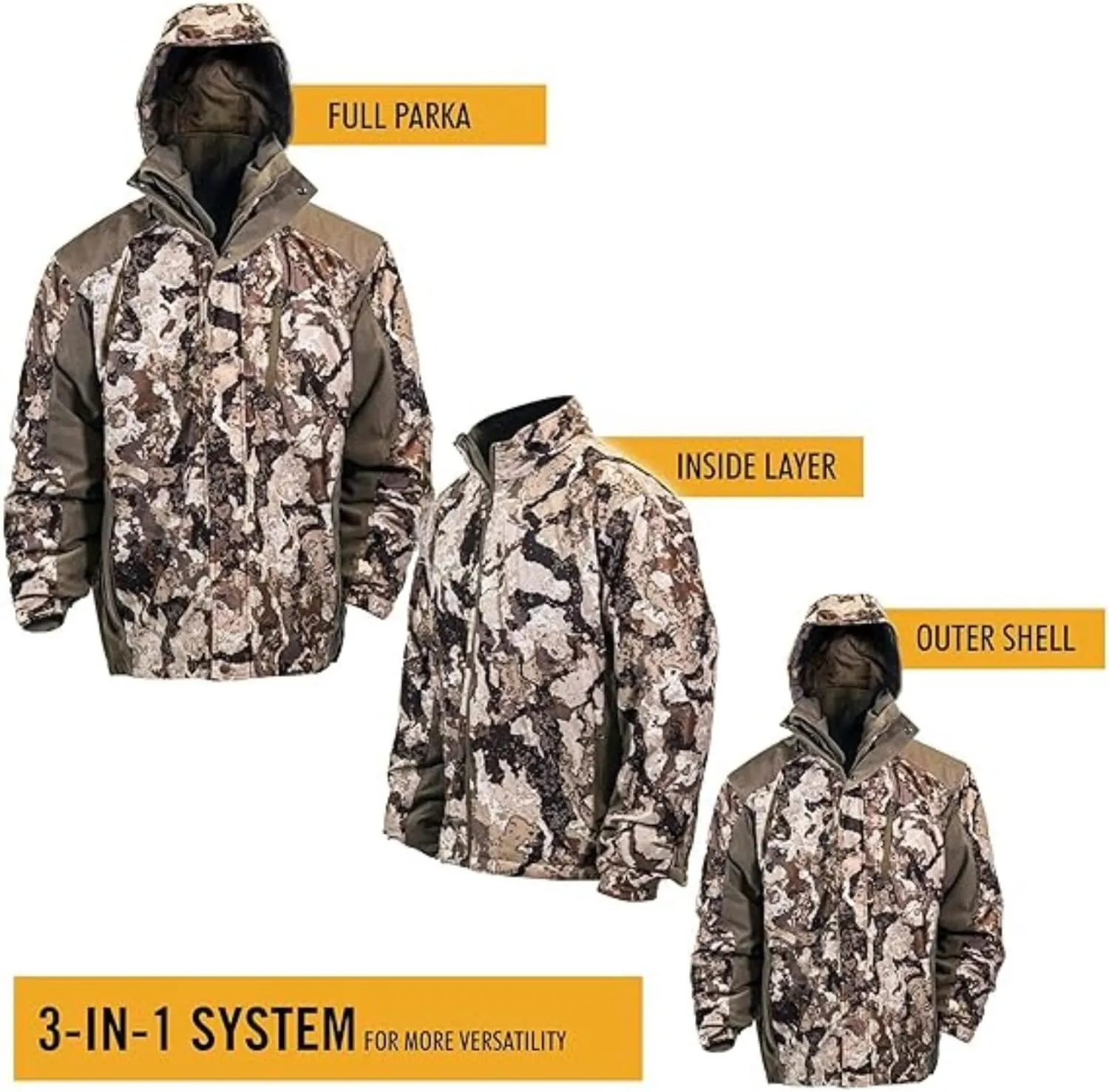 HOT SHOT Mens 3-in-1 Insulated Camo Hunting Parka, Waterproof Jacket, Versatile Camouflage Hunting Clothes for Men