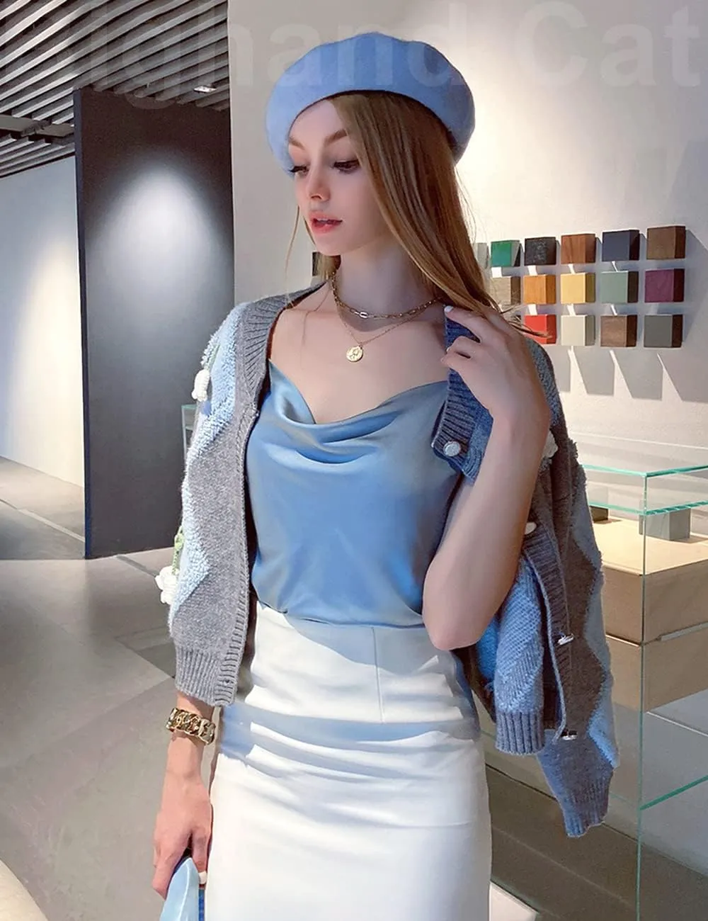 IIG Womens Cowl Neck Satin Camisole Top Soft Spaghetti Straps Silk Tank Shirts Blouse