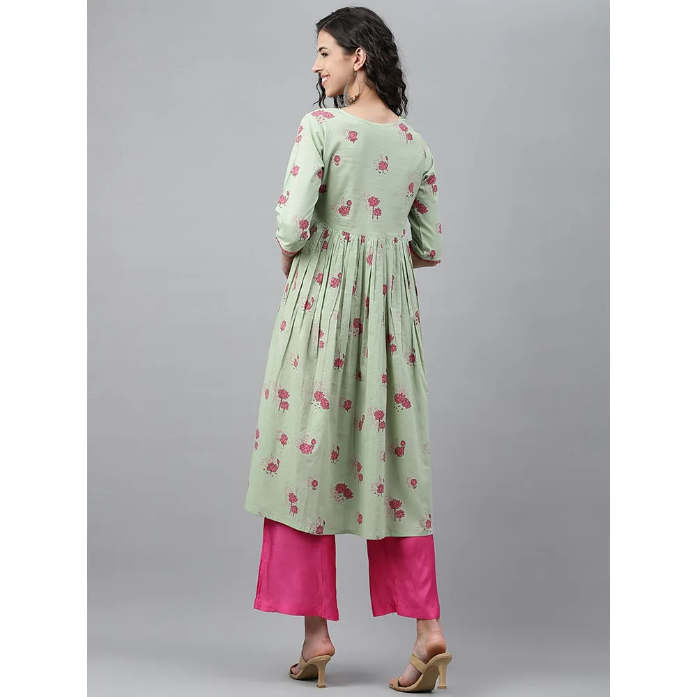 Janasya Sage Green Cambric Cotton Botanical Print Flared Kurta