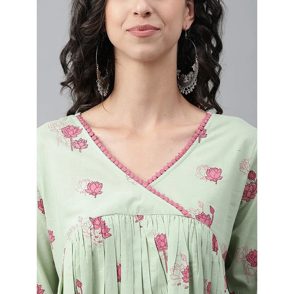 Janasya Sage Green Cambric Cotton Botanical Print Flared Kurta