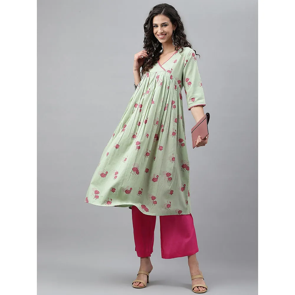 Janasya Sage Green Cambric Cotton Botanical Print Flared Kurta