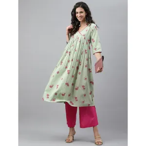 Janasya Sage Green Cambric Cotton Botanical Print Flared Kurta