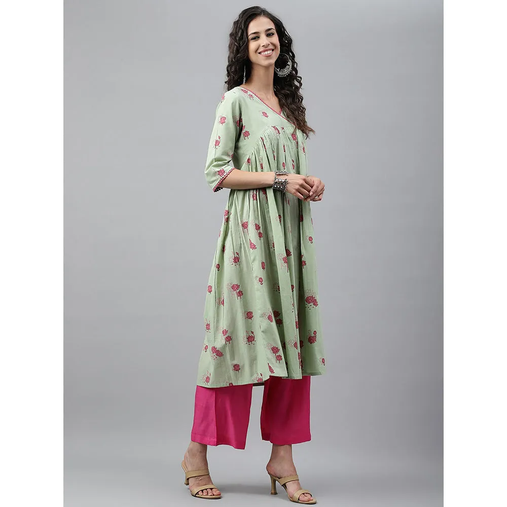 Janasya Sage Green Cambric Cotton Botanical Print Flared Kurta