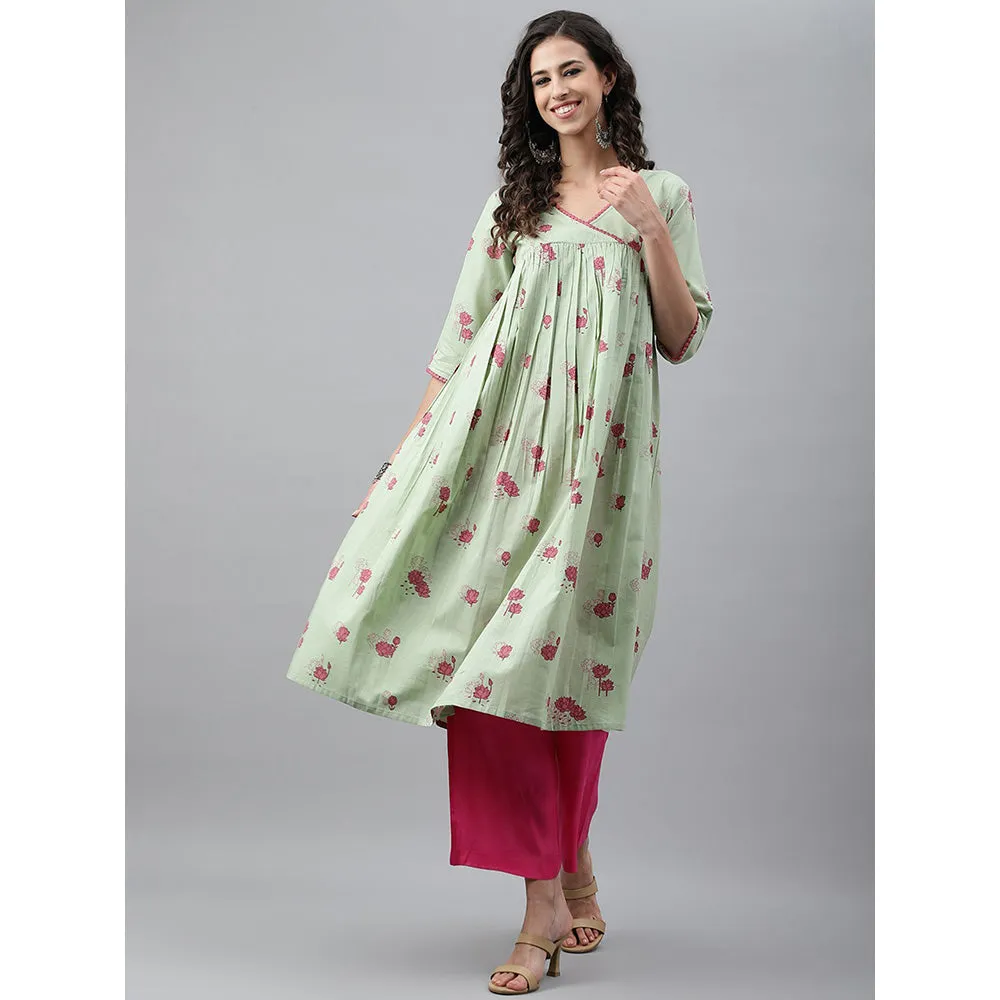 Janasya Sage Green Cambric Cotton Botanical Print Flared Kurta
