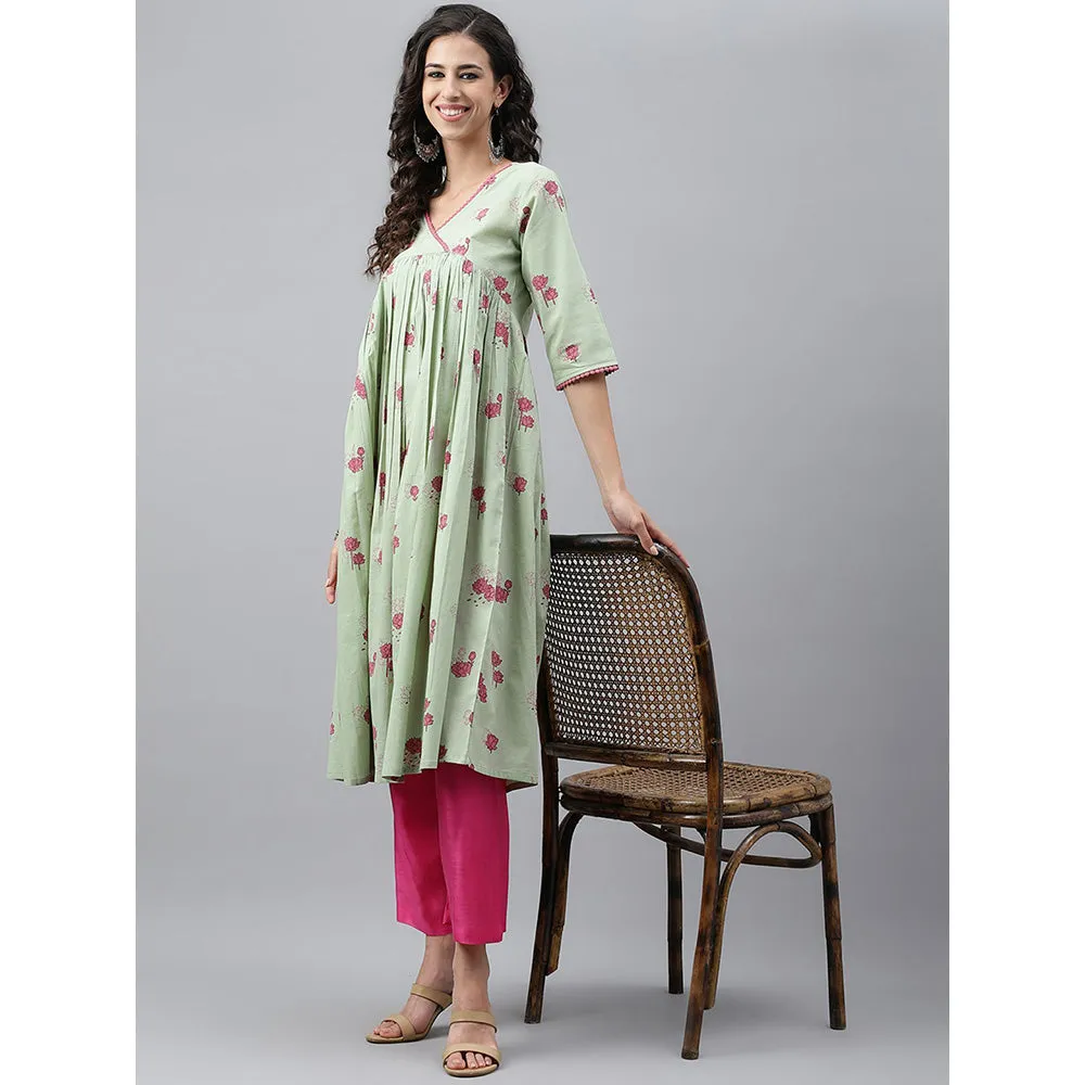Janasya Sage Green Cambric Cotton Botanical Print Flared Kurta