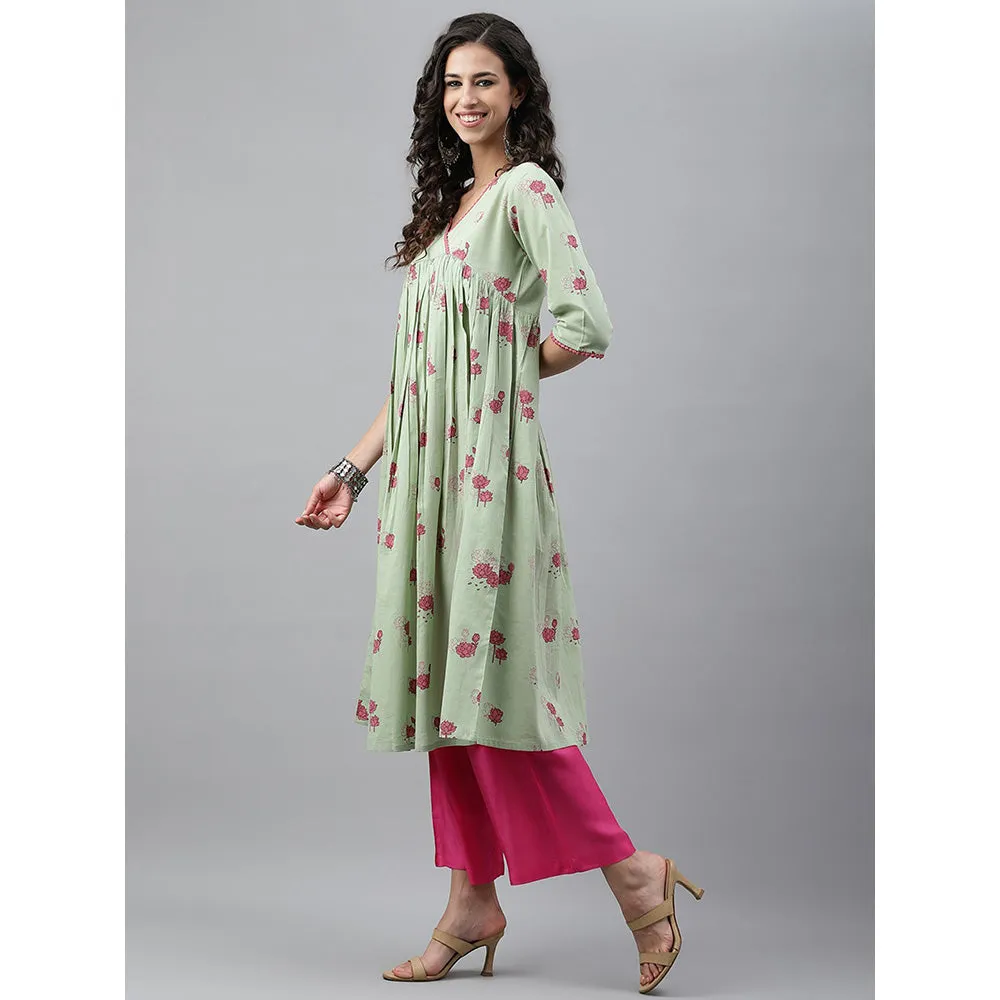 Janasya Sage Green Cambric Cotton Botanical Print Flared Kurta