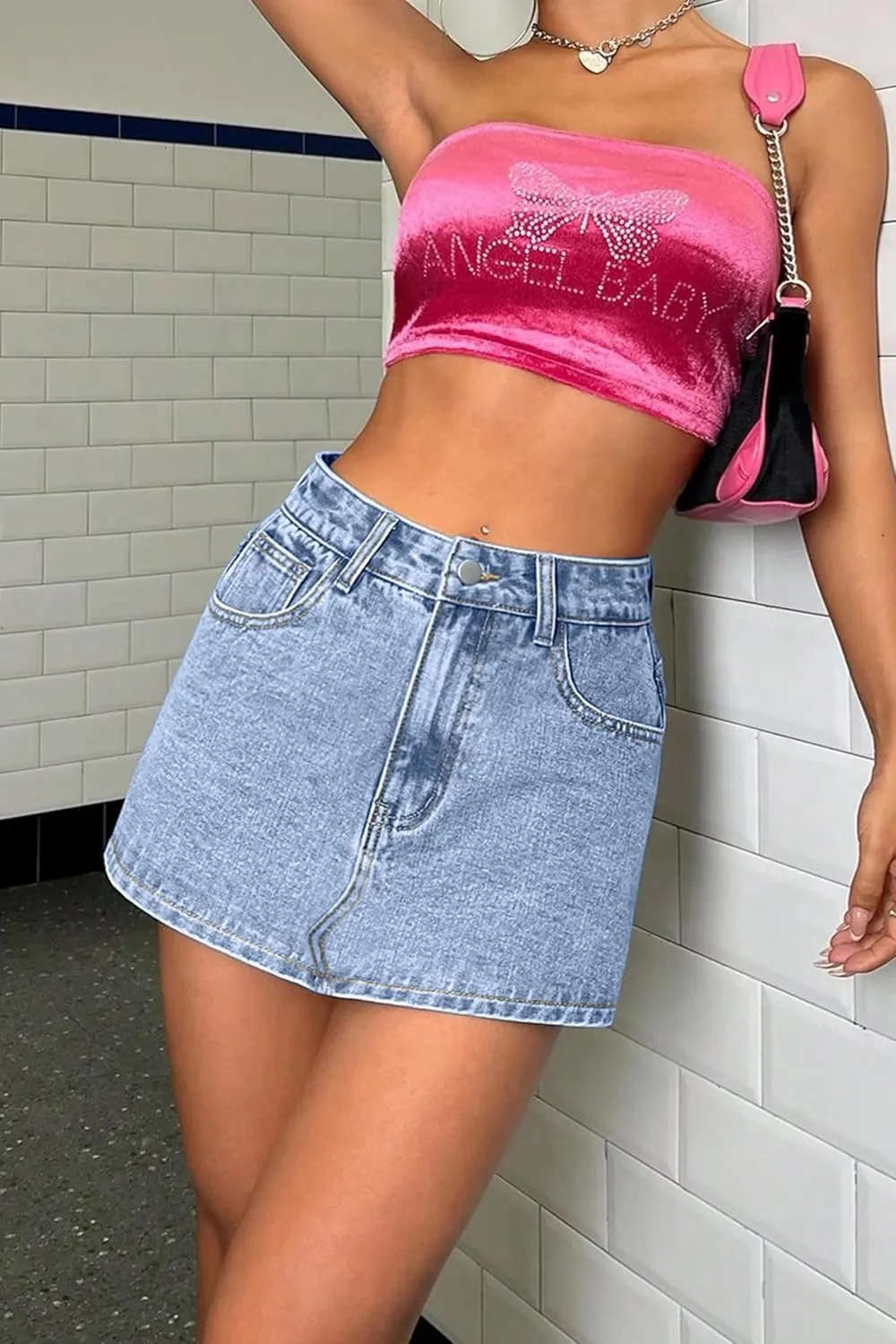 Jumppmile Womens Summer Denim Skorts Mini Jean Skirts with Shorts Skort Casual High Stretch