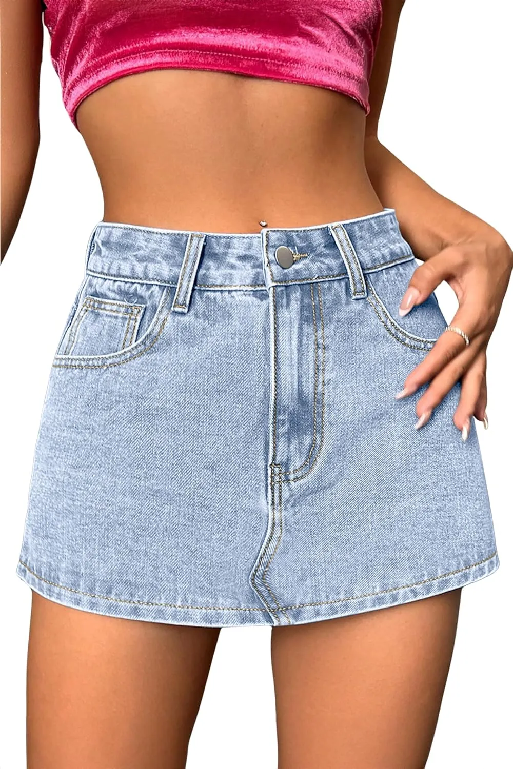 Jumppmile Womens Summer Denim Skorts Mini Jean Skirts with Shorts Skort Casual High Stretch