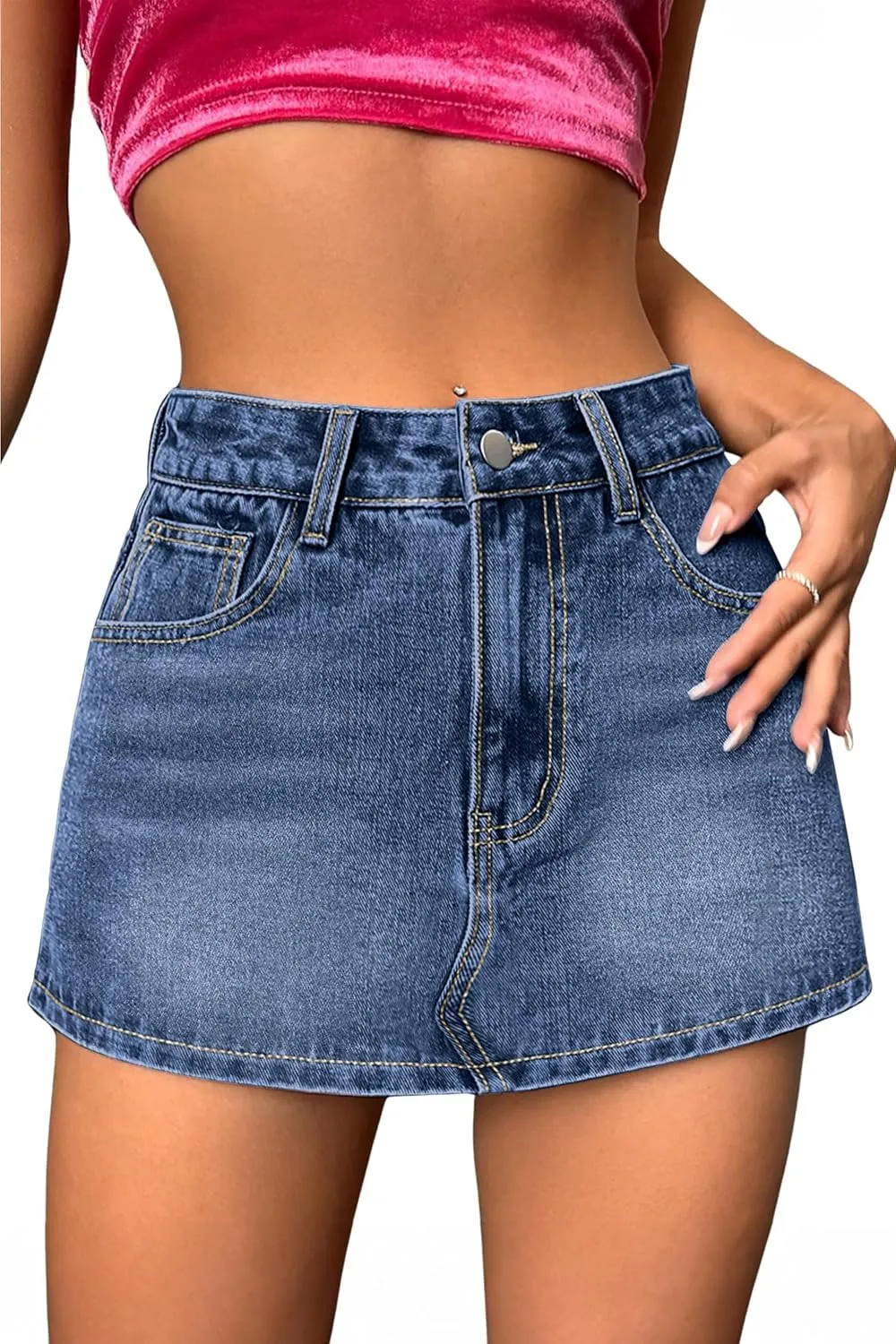 Jumppmile Womens Summer Denim Skorts Mini Jean Skirts with Shorts Skort Casual High Stretch