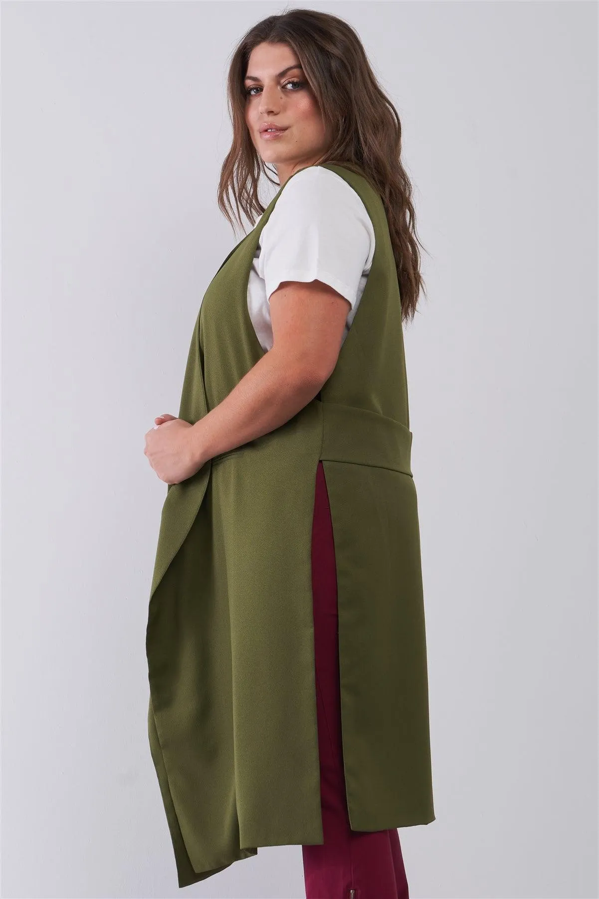 Junior Plus Olive Open Front And Side Sleeveless Long Vest /6 Pieces