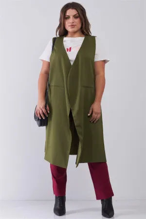 Junior Plus Olive Open Front And Side Sleeveless Long Vest /6 Pieces
