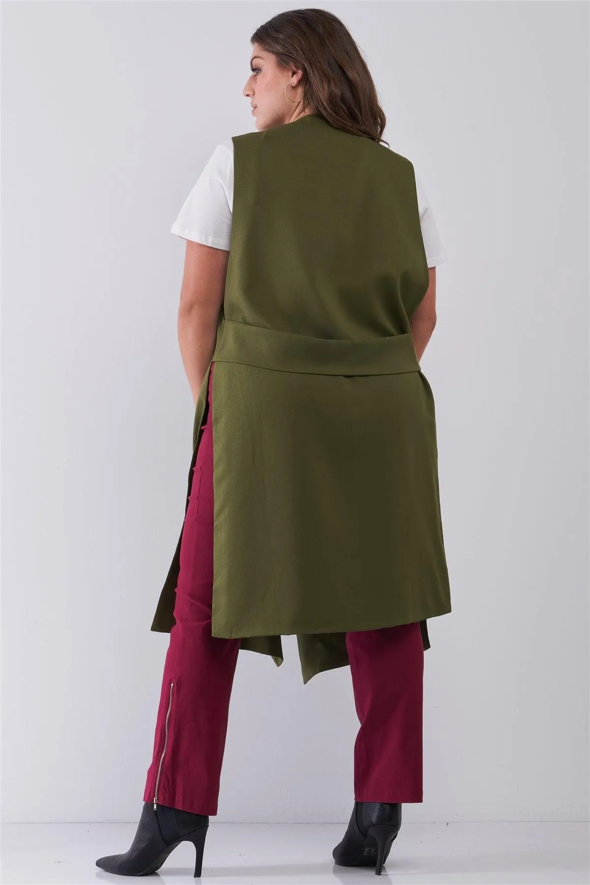 Junior Plus Olive Open Front And Side Sleeveless Long Vest /6 Pieces