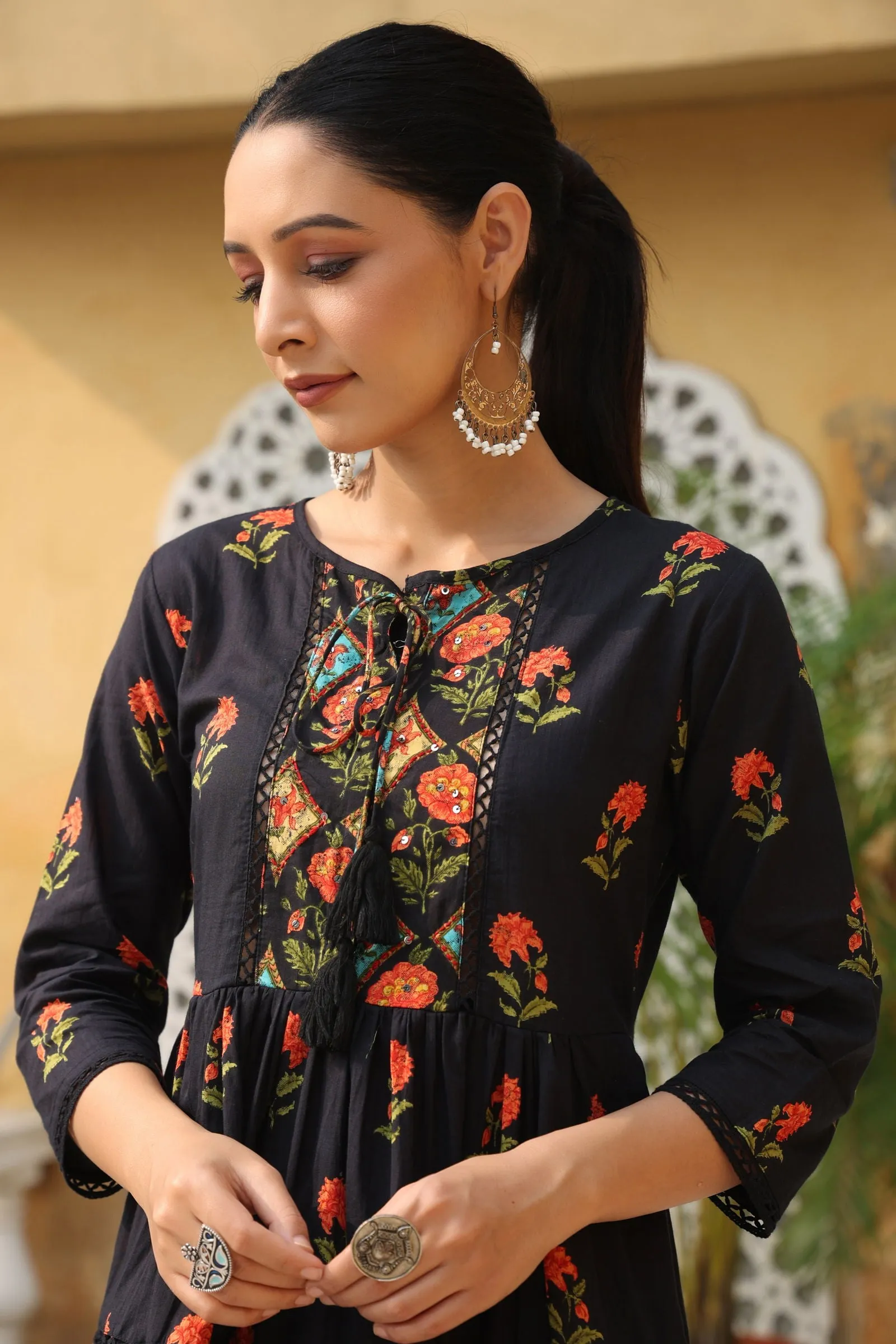 Juniper Black Floral Printed Peplum Pure Cotton Tunic With Lace