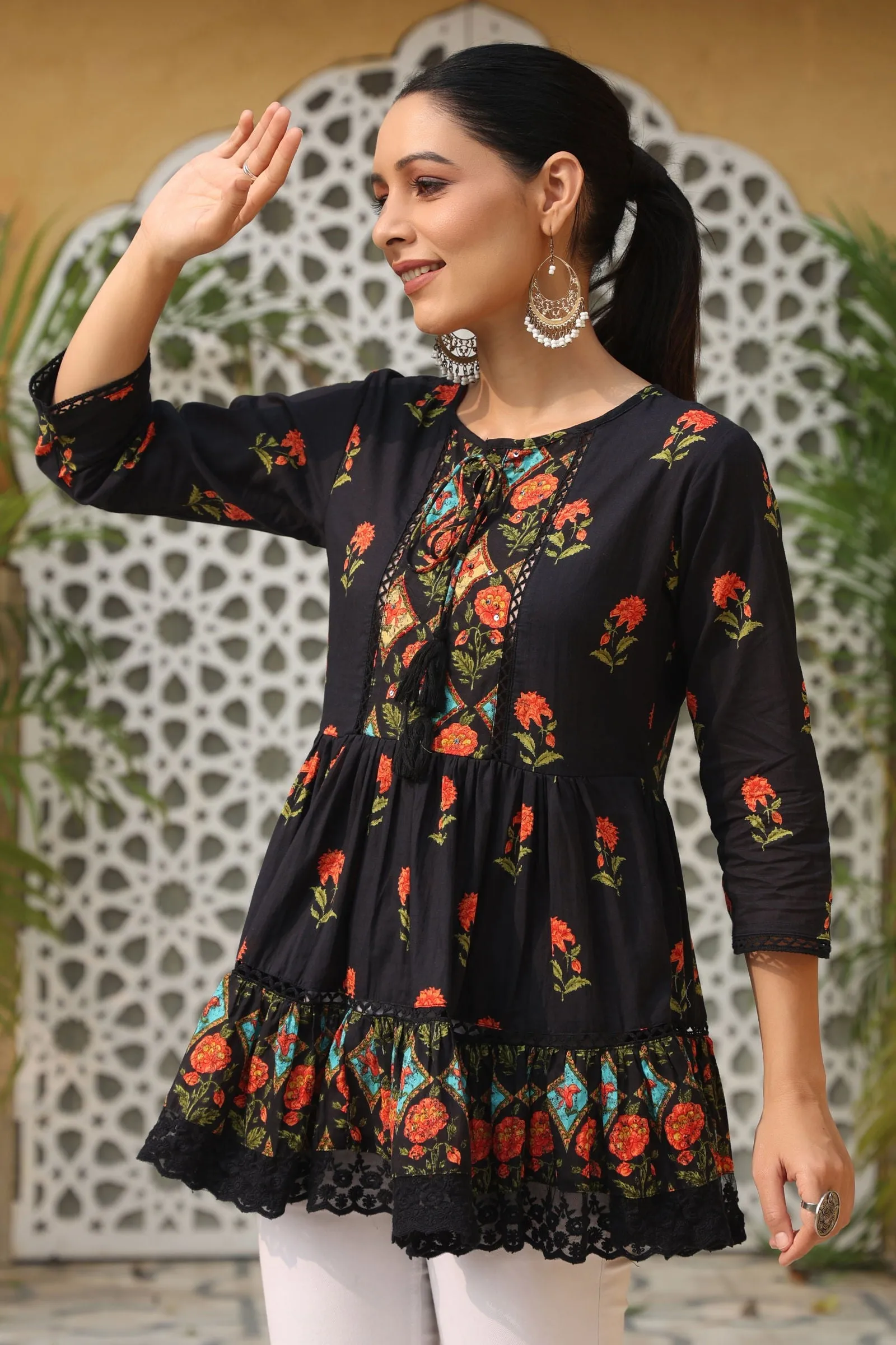 Juniper Black Floral Printed Peplum Pure Cotton Tunic With Lace