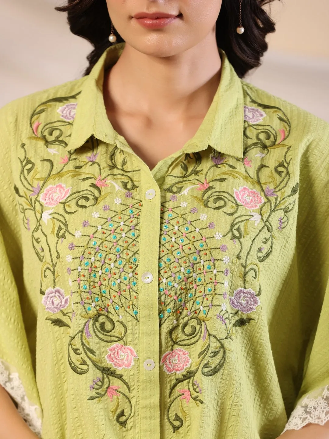 Juniper Green Floral Printed SeerSucker Kaftan tunic With Thread Work