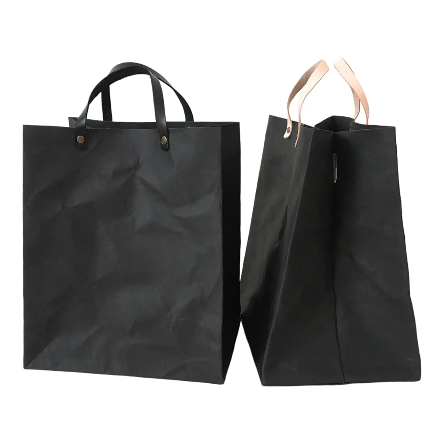Kraft Paper Minimal LUNCH BAG WITH HANDLES, Set of 2 BLACK, Large Bags, Washable Eco friendly Shopping Handbags