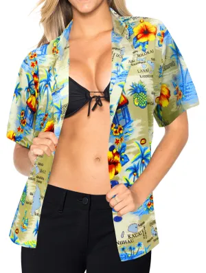 LA LEELA Women's Beach Casual Hawaiian Blouse Short Sleeve button Down Shirt Beige_W984