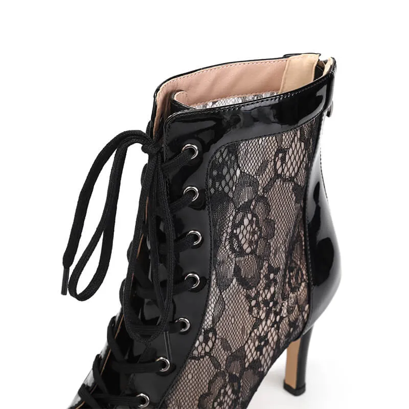 Lace Mesh Open-Toe Lace-Up Stiletto Dance Boots