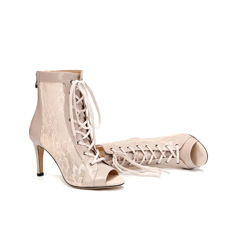 Lace Mesh Open-Toe Lace-Up Stiletto Dance Boots