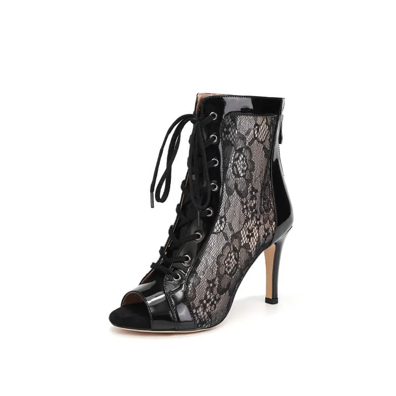 Lace Mesh Open-Toe Lace-Up Stiletto Dance Boots