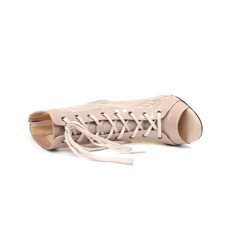 Lace Mesh Open-Toe Lace-Up Stiletto Dance Boots