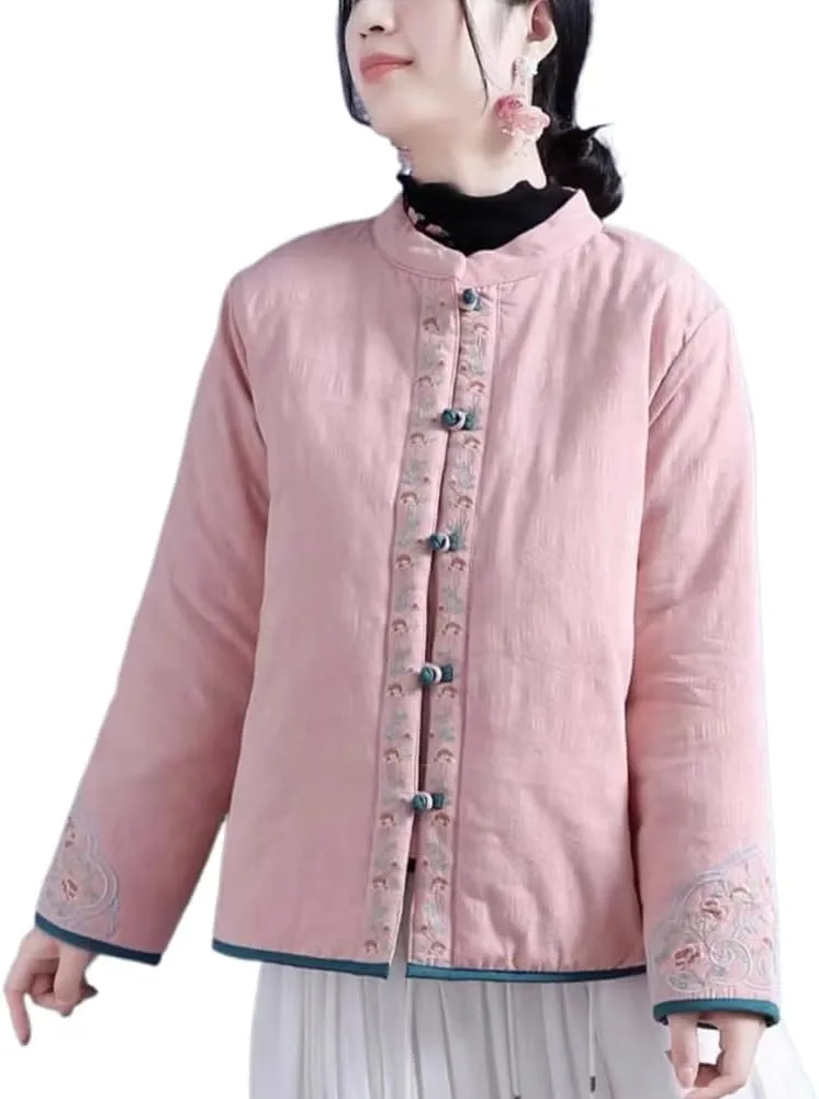 LIXINGHEITANG Autumn and winter embroidered cotton linen coats, Chinese-style buckle Hanfu quilted jackets cotton-padded