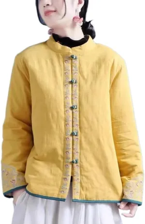LIXINGHEITANG Autumn and winter embroidered cotton linen coats, Chinese-style buckle Hanfu quilted jackets cotton-padded