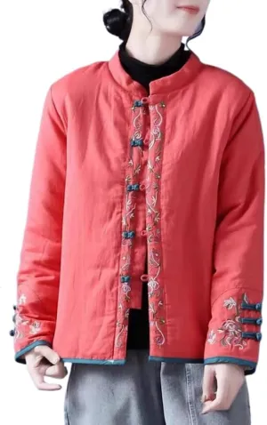 LIXINGHEITANG Chinese style cotton and linen embroidered jacket size women's color button stand collar padded short coat
