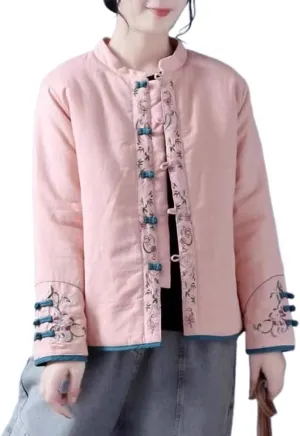 LIXINGHEITANG Chinese style cotton and linen embroidered jacket size women's color button stand collar padded short coat