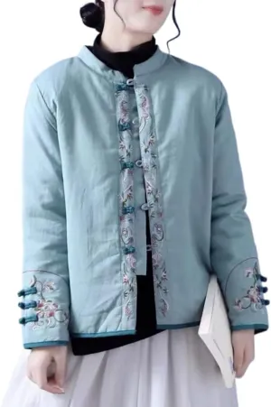 LIXINGHEITANG Chinese style cotton and linen embroidered jacket size women's color button stand collar padded short coat