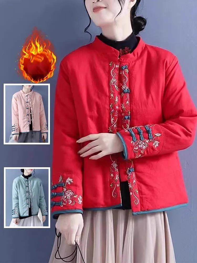 LIXINGHEITANG Chinese style cotton and linen embroidered jacket size women's color button stand collar padded short coat