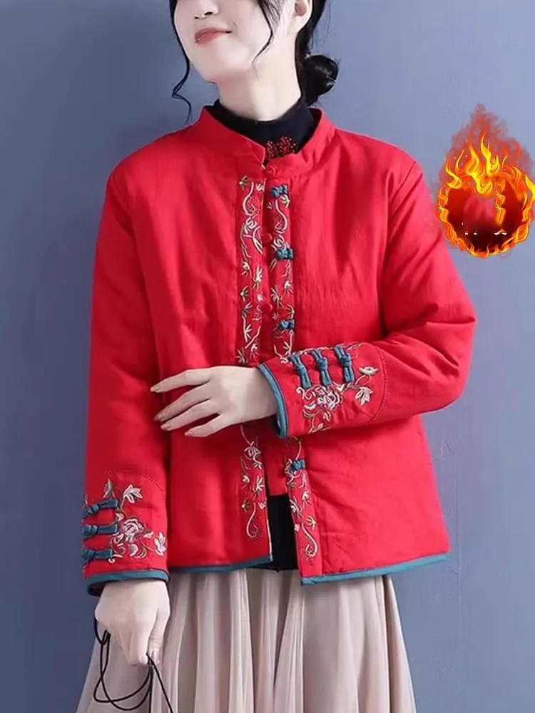 LIXINGHEITANG Chinese style cotton and linen embroidered jacket size women's color button stand collar padded short coat