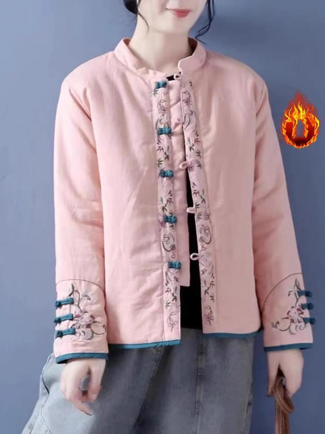 LIXINGHEITANG Chinese style cotton and linen embroidered jacket size women's color button stand collar padded short coat