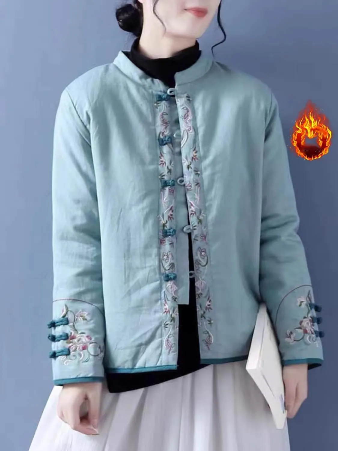 LIXINGHEITANG Chinese style cotton and linen embroidered jacket size women's color button stand collar padded short coat