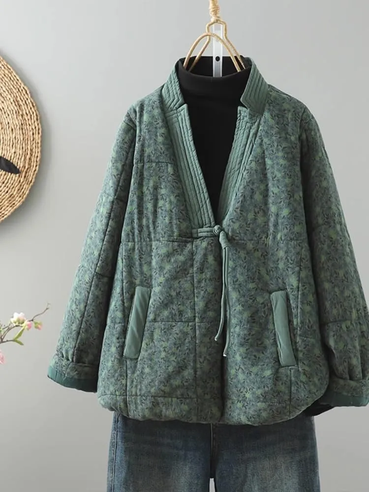 LIXINGHEITANG Retro quilted cotton coat for women in winter ethnic style improved Hanfu loose V-neck padded