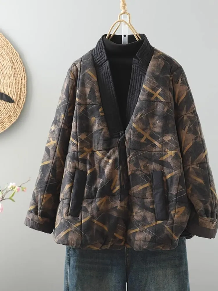 LIXINGHEITANG Retro quilted cotton coat for women in winter ethnic style improved Hanfu loose V-neck padded