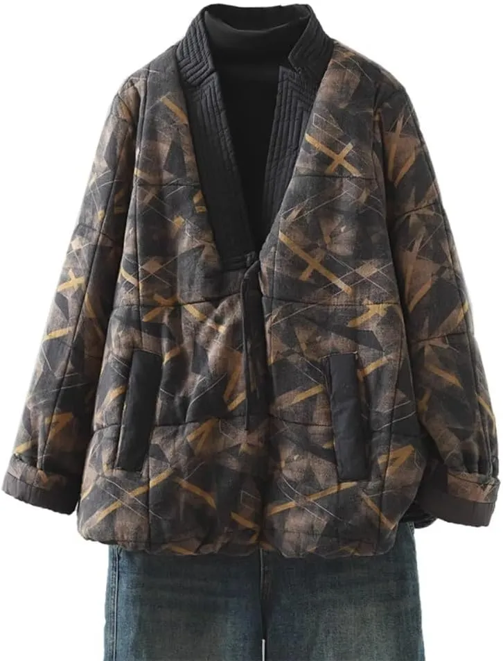 LIXINGHEITANG Retro quilted cotton coat for women in winter ethnic style improved Hanfu loose V-neck padded
