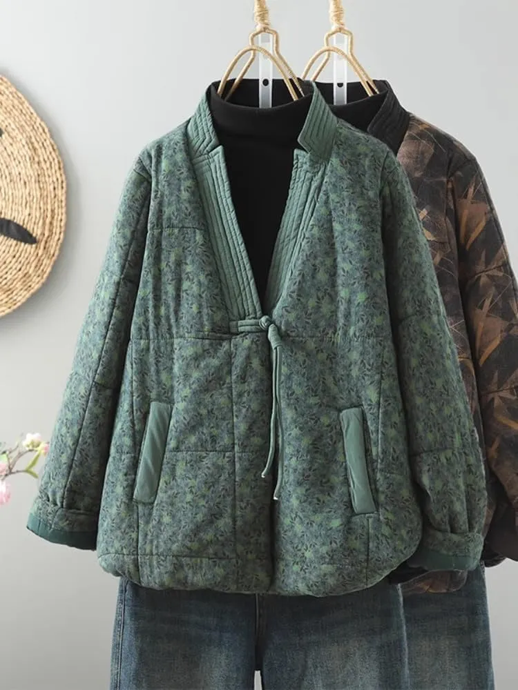 LIXINGHEITANG Retro quilted cotton coat for women in winter ethnic style improved Hanfu loose V-neck padded