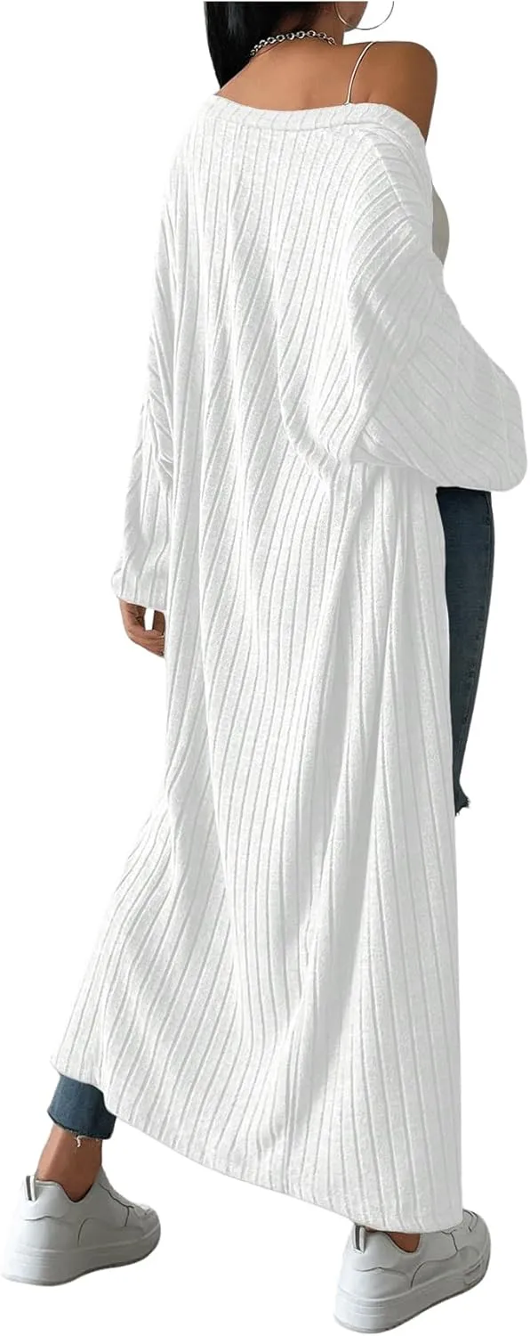MakeMeChic Women's Casual Solid Long Sleeve Open Front Cardigans Rib Knitted Long Coat