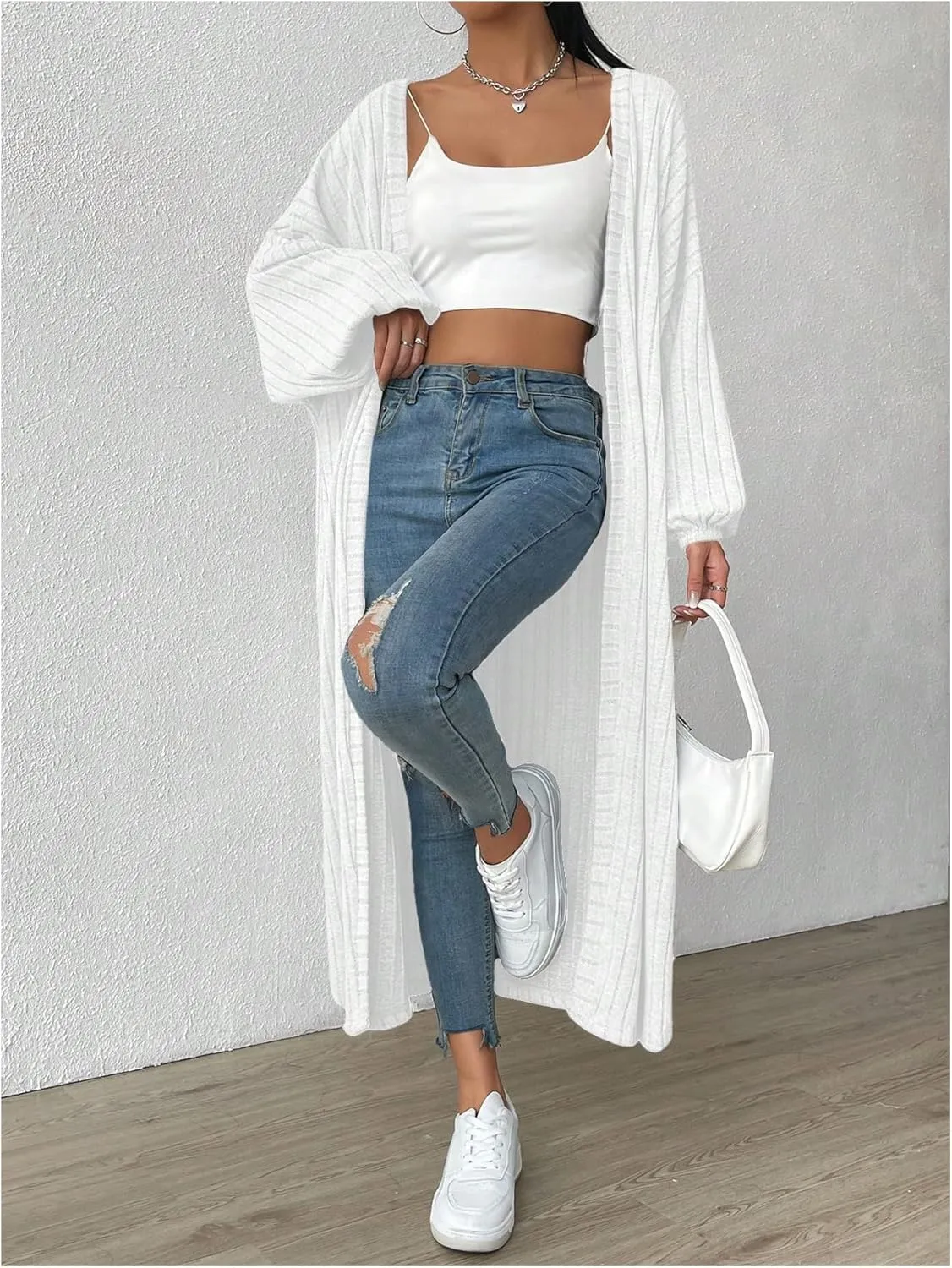MakeMeChic Women's Casual Solid Long Sleeve Open Front Cardigans Rib Knitted Long Coat