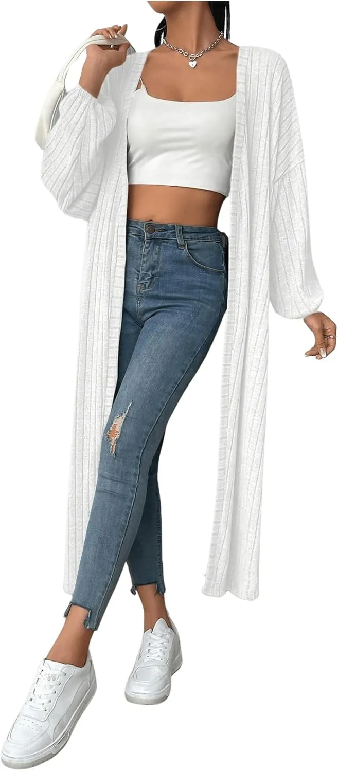 MakeMeChic Women's Casual Solid Long Sleeve Open Front Cardigans Rib Knitted Long Coat