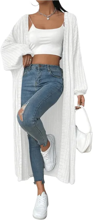 MakeMeChic Women's Casual Solid Long Sleeve Open Front Cardigans Rib Knitted Long Coat